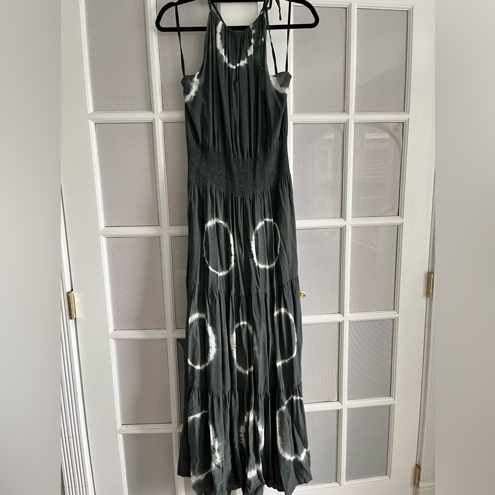 Boho Sleeveless olive green & White long Maxi Dress Western Praire Indie Large